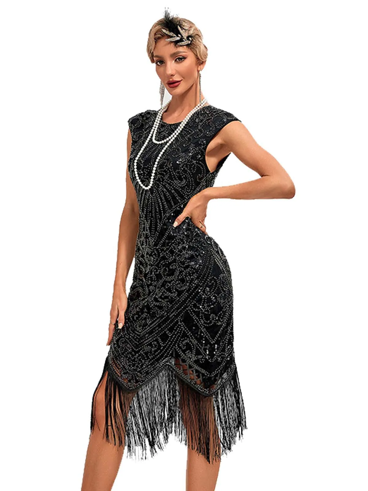 1920s Sequined Fringe Round Neck Cap Sleeve Dress sold by Retro Stage product image thumbnail 2