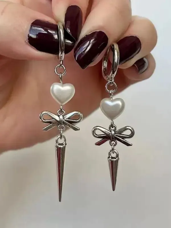 Silver Heart Asymmetrical Bow Drop Gothic Earrings sold by Retro Stage