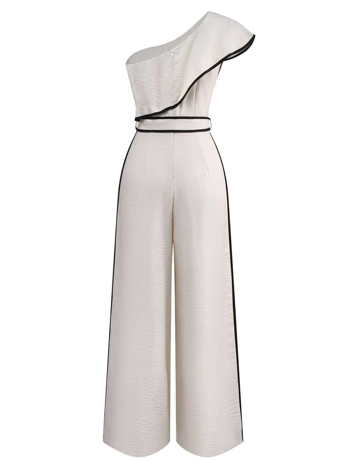 White 1970s One-Shoulder Ruffled Belted Jumpsuit sold by Retro Stage product image thumbnail 3