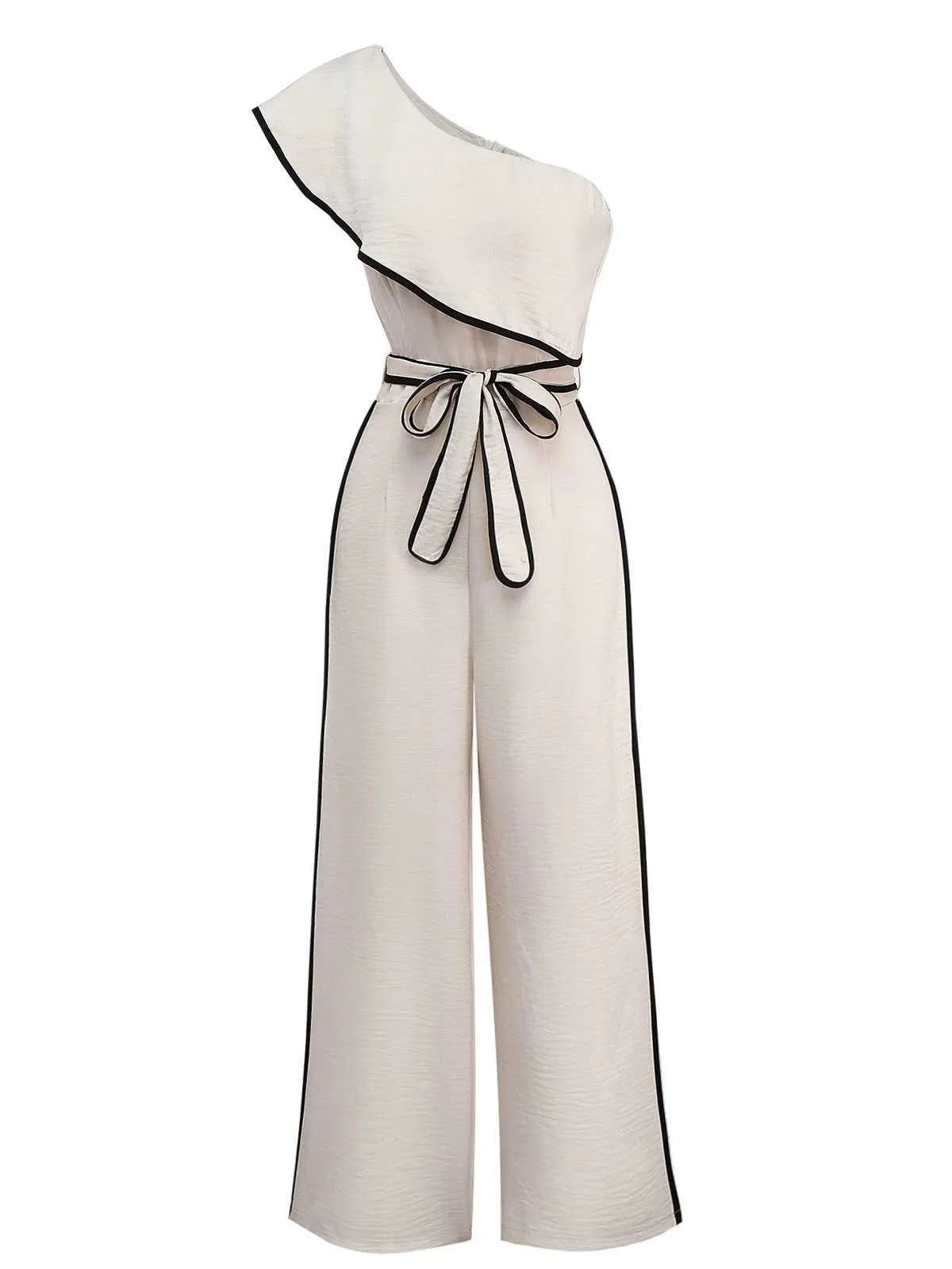 White 1970s One-Shoulder Ruffled Belted Jumpsuit sold by Retro Stage