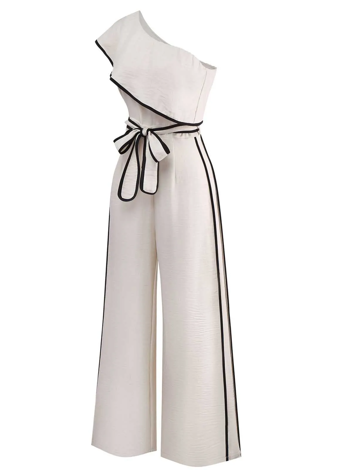 White 1970s One-Shoulder Ruffled Belted Jumpsuit sold by Retro Stage product image thumbnail 2