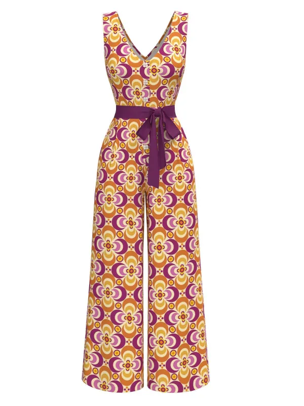 Orange 1960s V-Neck Belted Floral Printed Jumpsuit sold by Retro Stage