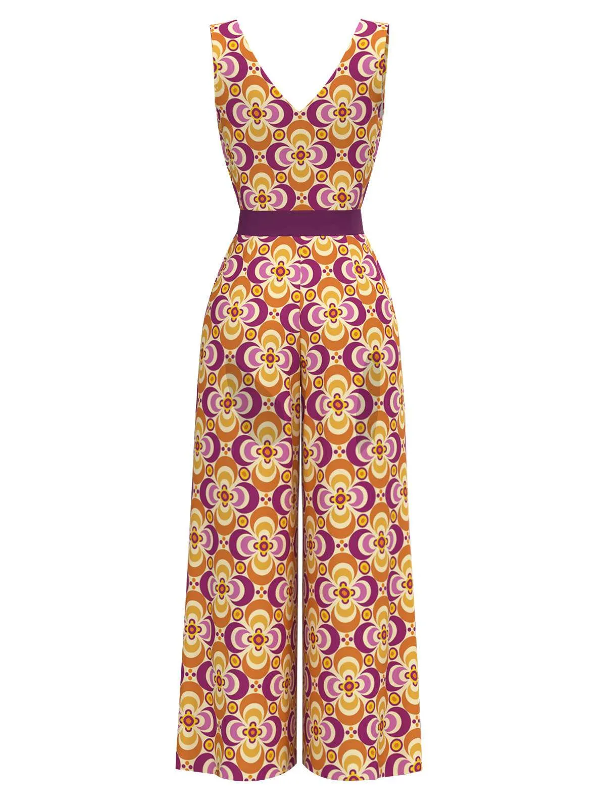 Orange 1960s V-Neck Belted Floral Printed Jumpsuit sold by Retro Stage product image thumbnail 4