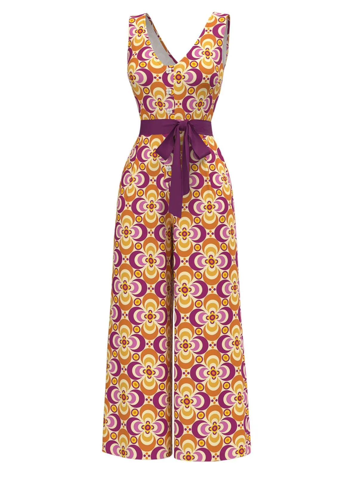 Orange 1960s V-Neck Belted Floral Printed Jumpsuit sold by Retro Stage product image thumbnail 3