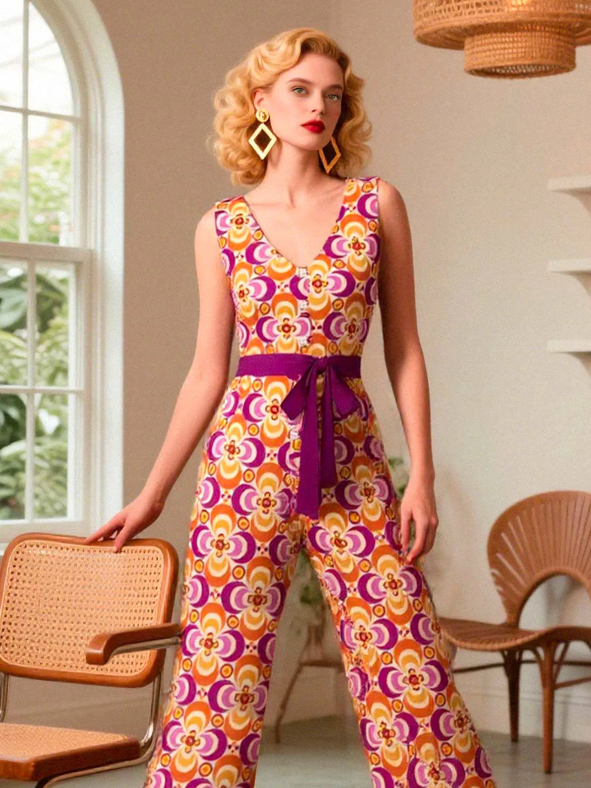 Orange 1960s V-Neck Belted Floral Printed Jumpsuit sold by Retro Stage product image thumbnail 2