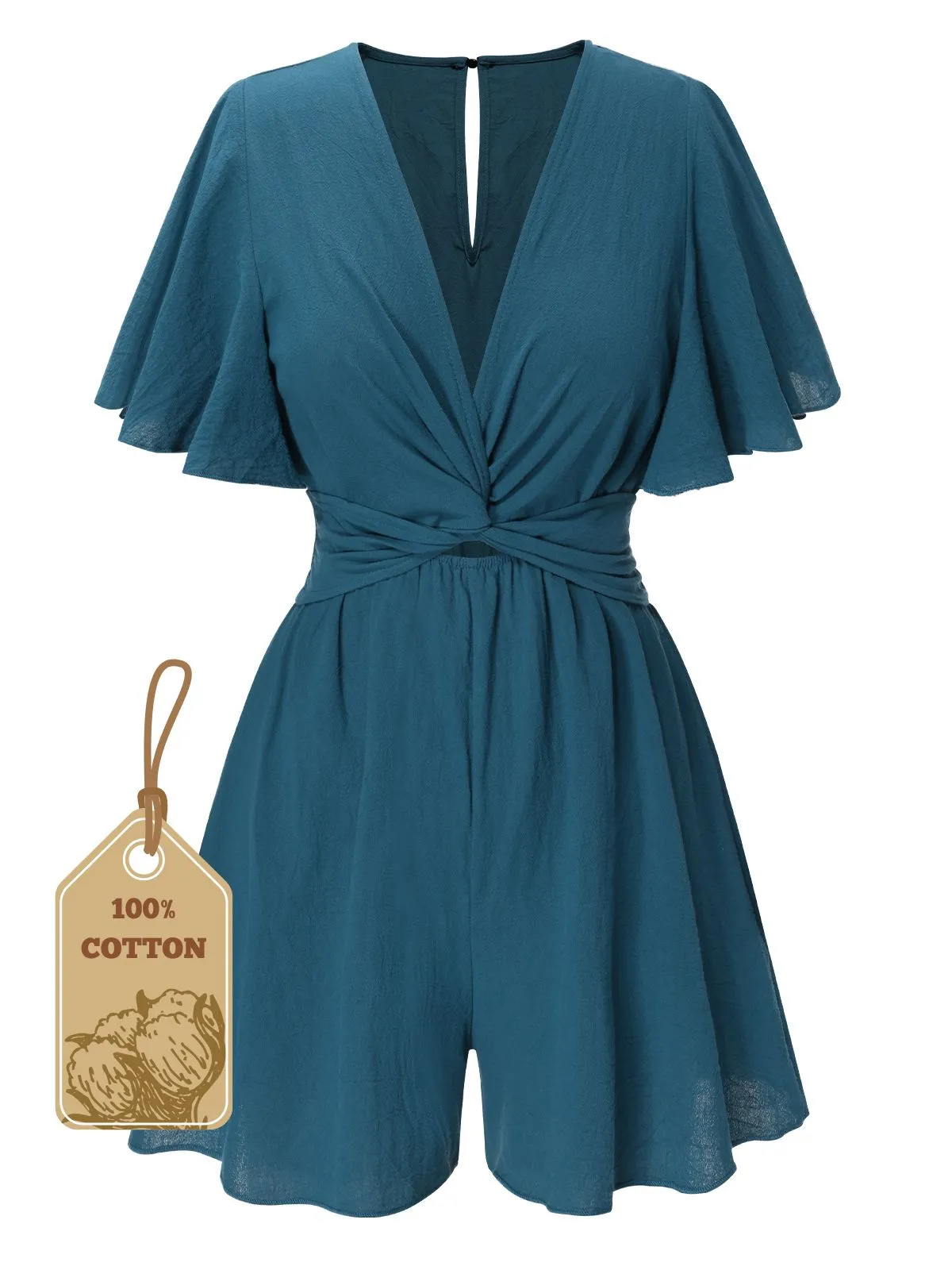 1950s Solid V-Neck Cotton Flounce Sleeve Romper sold by Retro Stage product image thumbnail 5