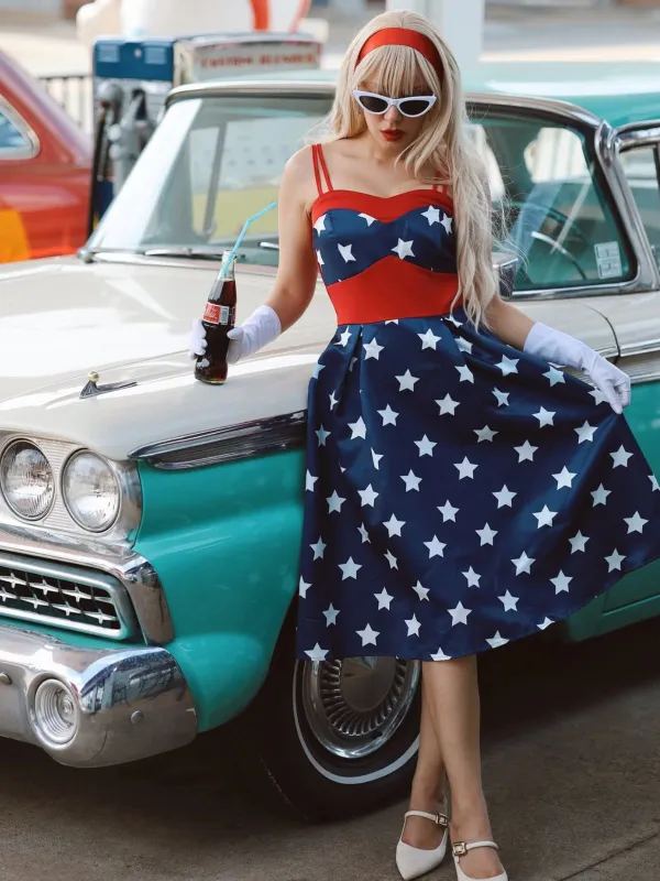 Navy Blue 1950s Stars Spaghetti Strap Dress sold by Retro Stage