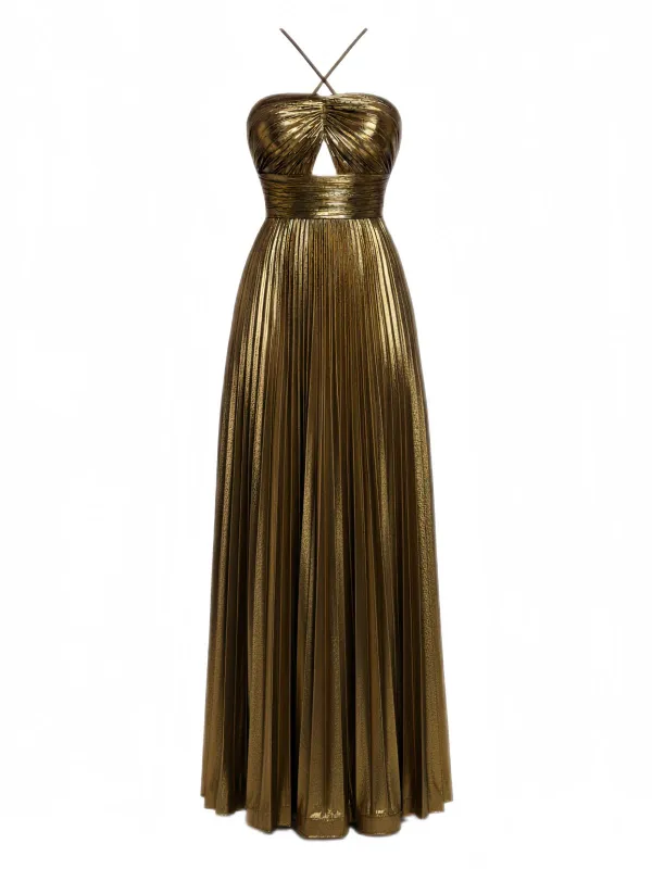 Gold 1930s Metallic Cross Halter Pleated Dress sold by Retro Stage