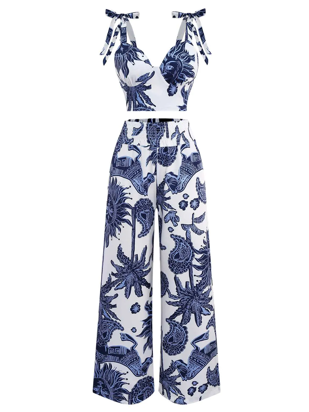 2PCS Blue 1970s Boho Cropped Top & Pants sold by Retro Stage