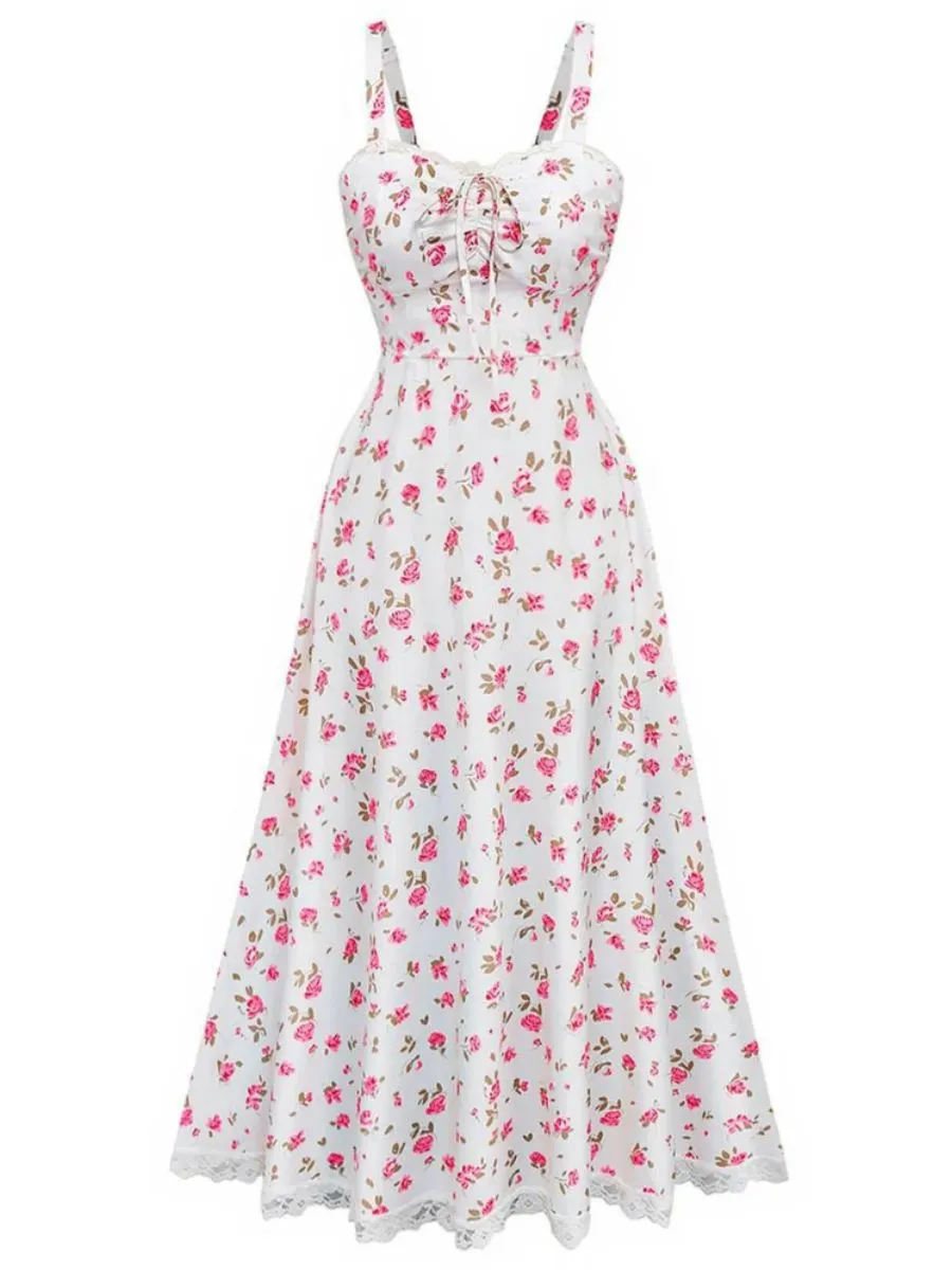 Pink 1940s Rose Strap Lace Patchwork Dress sold by Retro Stage