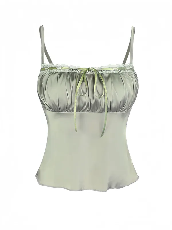 Green 1970s Satin Ruched Bust Slip Cami Top sold by Retro Stage
