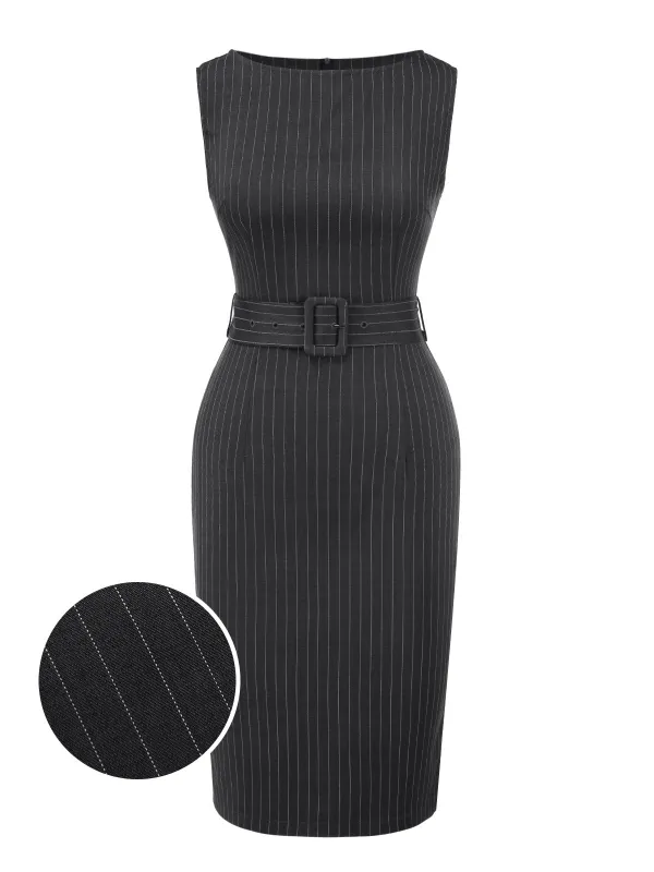 Dark Grey 1960s Pinstripe Beltd Pencil dress sold by Retro Stage