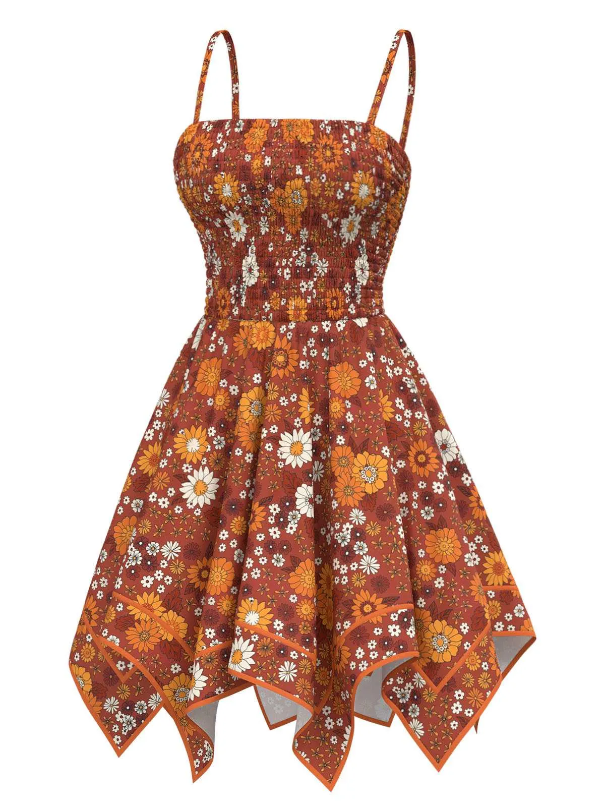 Orange 1970s Hippie Floral Irregular Hem Strap Dress sold by Retro Stage product image thumbnail 2