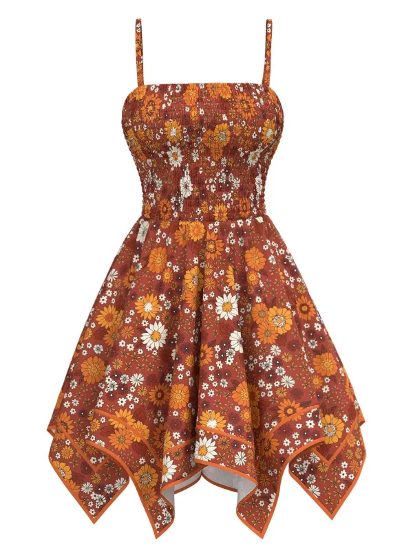 Orange 1970s Hippie Floral Irregular Hem Strap Dress sold by Retro Stage