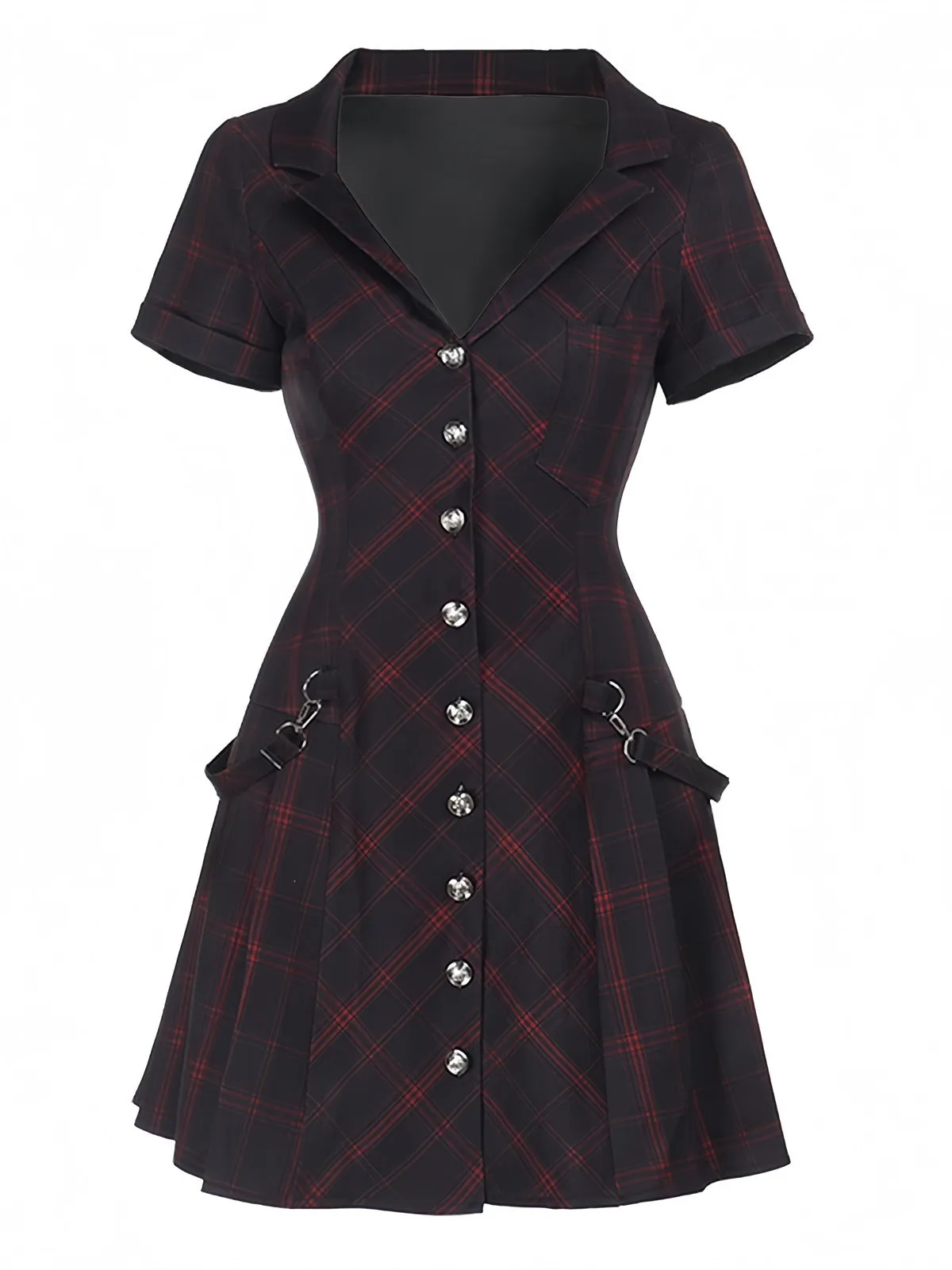 Wine Red 1960s Punk Lapel A-Line Plaid Dress sold by Retro Stage