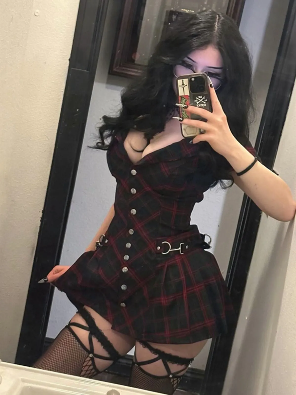 Wine Red 1960s Punk Lapel A-Line Plaid Dress sold by Retro Stage product image thumbnail 5