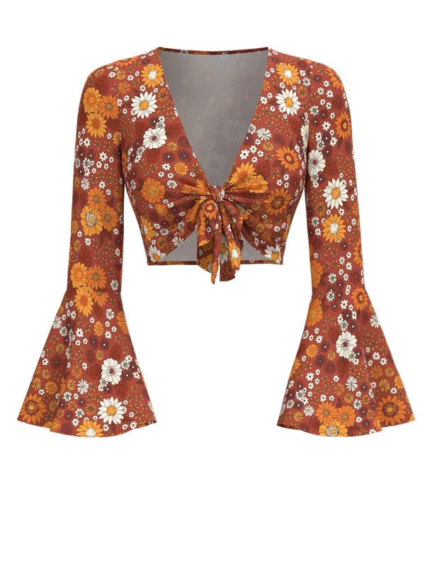 Orange 1970s Hippie Floral Bell Sleeve Top sold by Retro Stage
