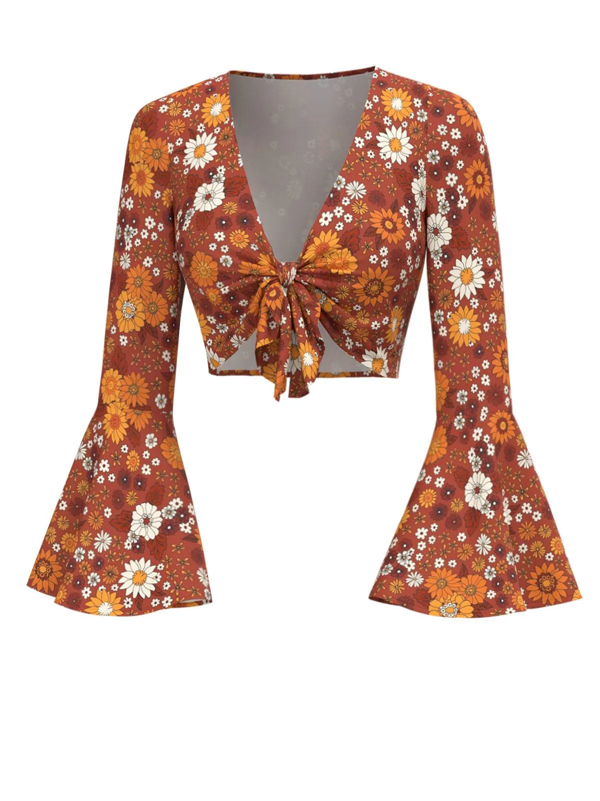 Orange 1970s Hippie Floral Bell Sleeve Top sold by Retro Stage product image thumbnail 2