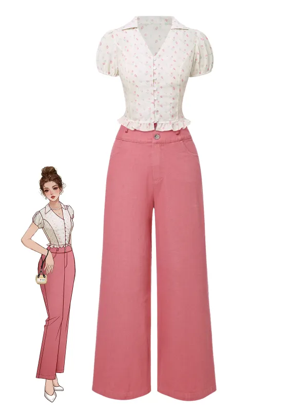2PCS Pink 1950s Tulip Blouse & Rose Button Pants made by Retro Stage