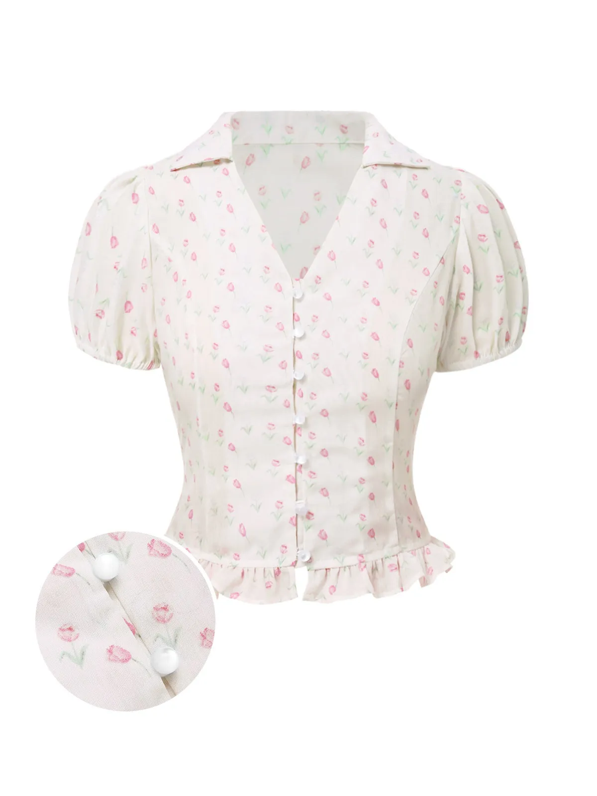 Pink 1940s Tulip V-Neck Lapel Ruffled Blouse sold by Retro Stage product image thumbnail 2