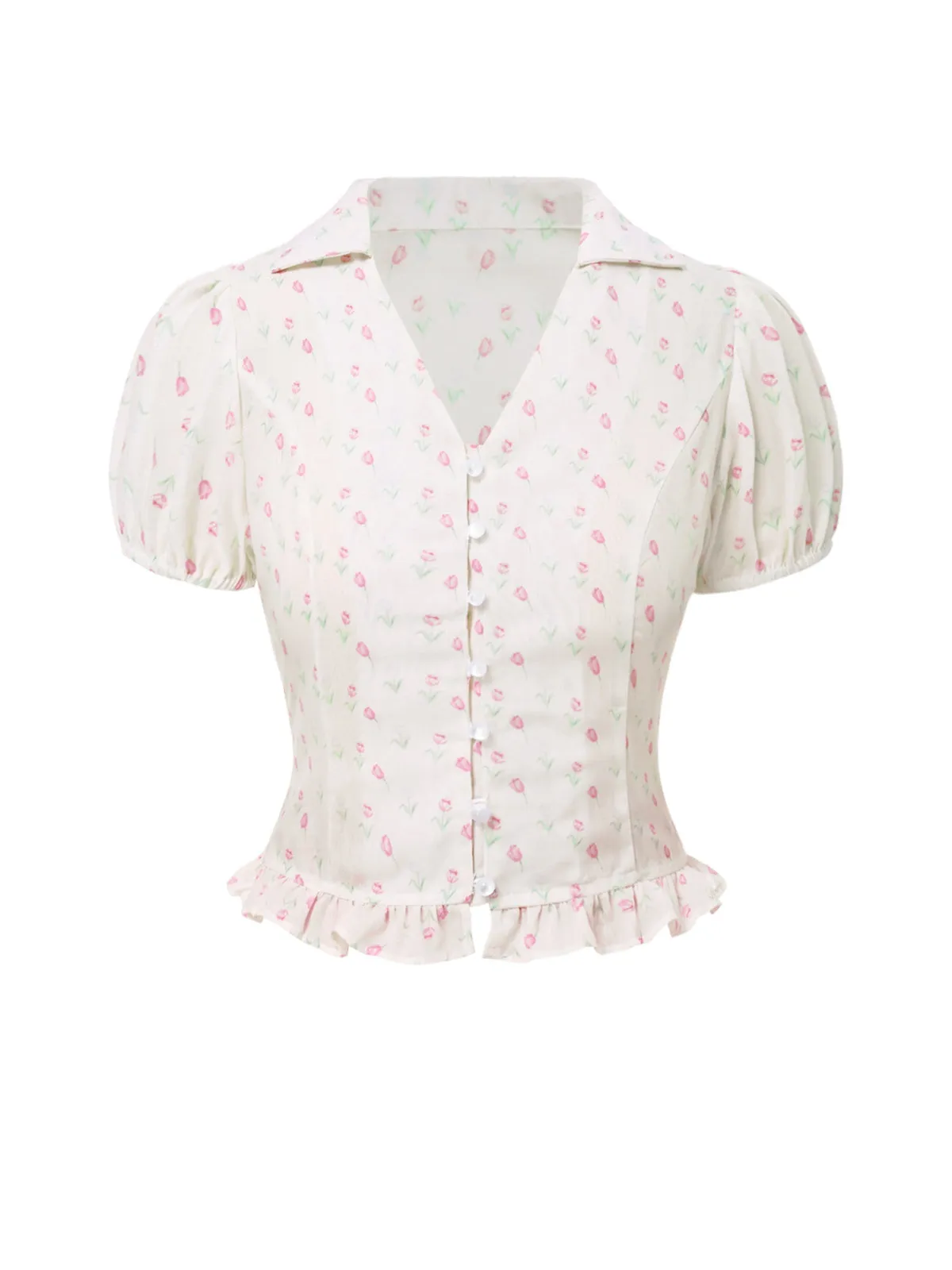 Pink 1940s Tulip V-Neck Lapel Ruffled Blouse sold by Retro Stage product image thumbnail 3