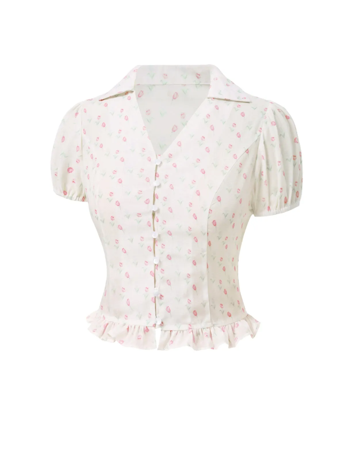 Pink 1940s Tulip V-Neck Lapel Ruffled Blouse sold by Retro Stage product image thumbnail 4