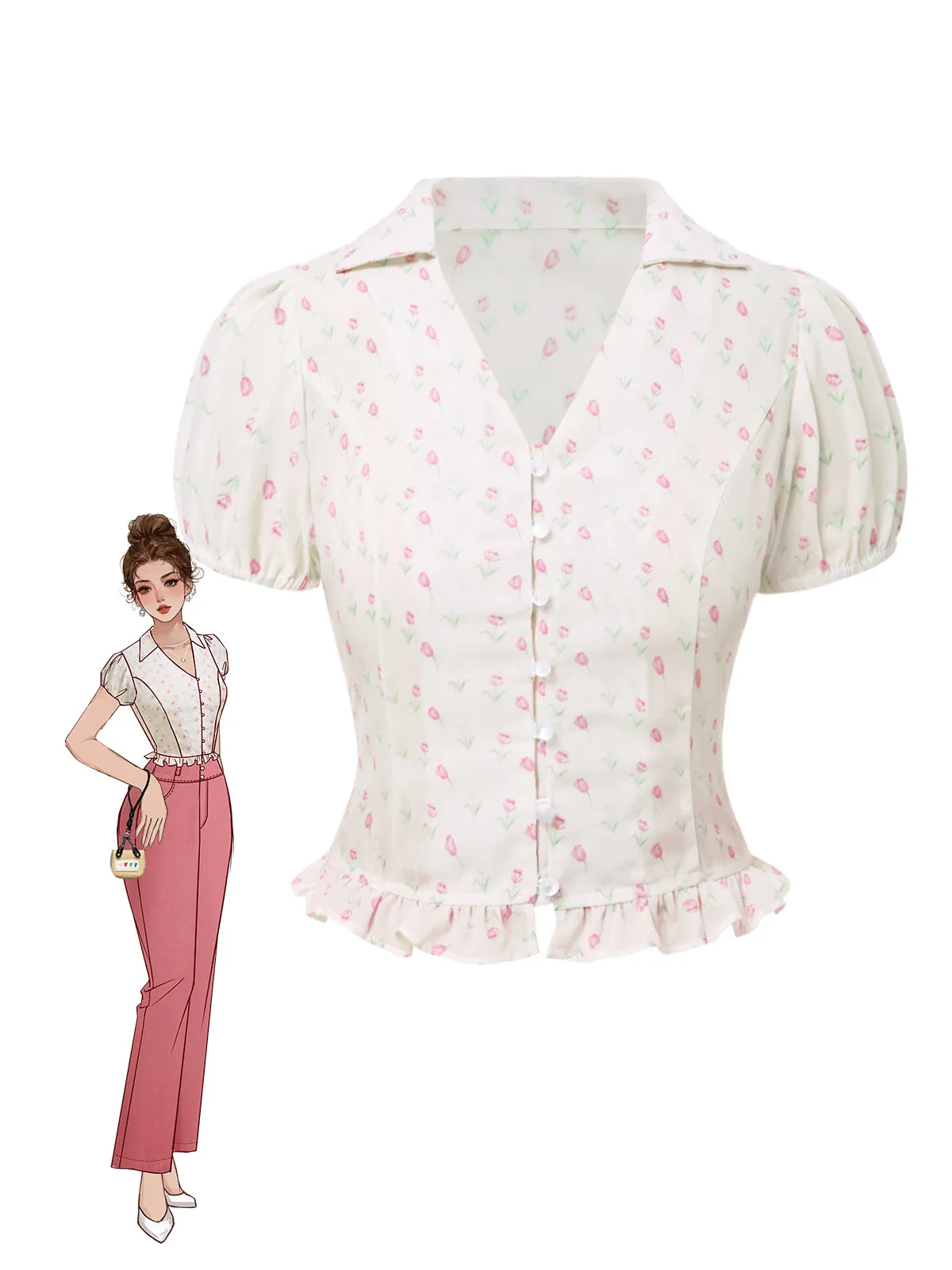Pink 1940s Tulip V-Neck Lapel Ruffled Blouse sold by Retro Stage