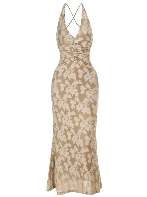 1930s V-Neck Jacquard Floral Backless Dress sold by Retro Stage