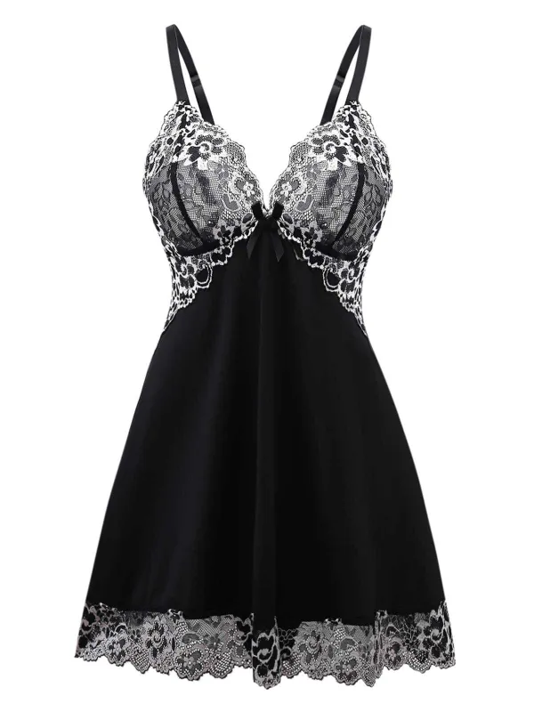 Black 1950s Velvet Lace Slip Nightgown sold by Retro Stage