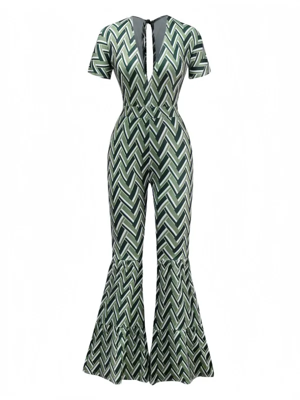 Green 1970s Boho Deep V-Neck Flare Leg Jumpsuit sold by Retro Stage