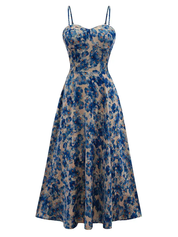 Blue 1950s Floral Print Spaghetti Strap Dress sold by Retro Stage