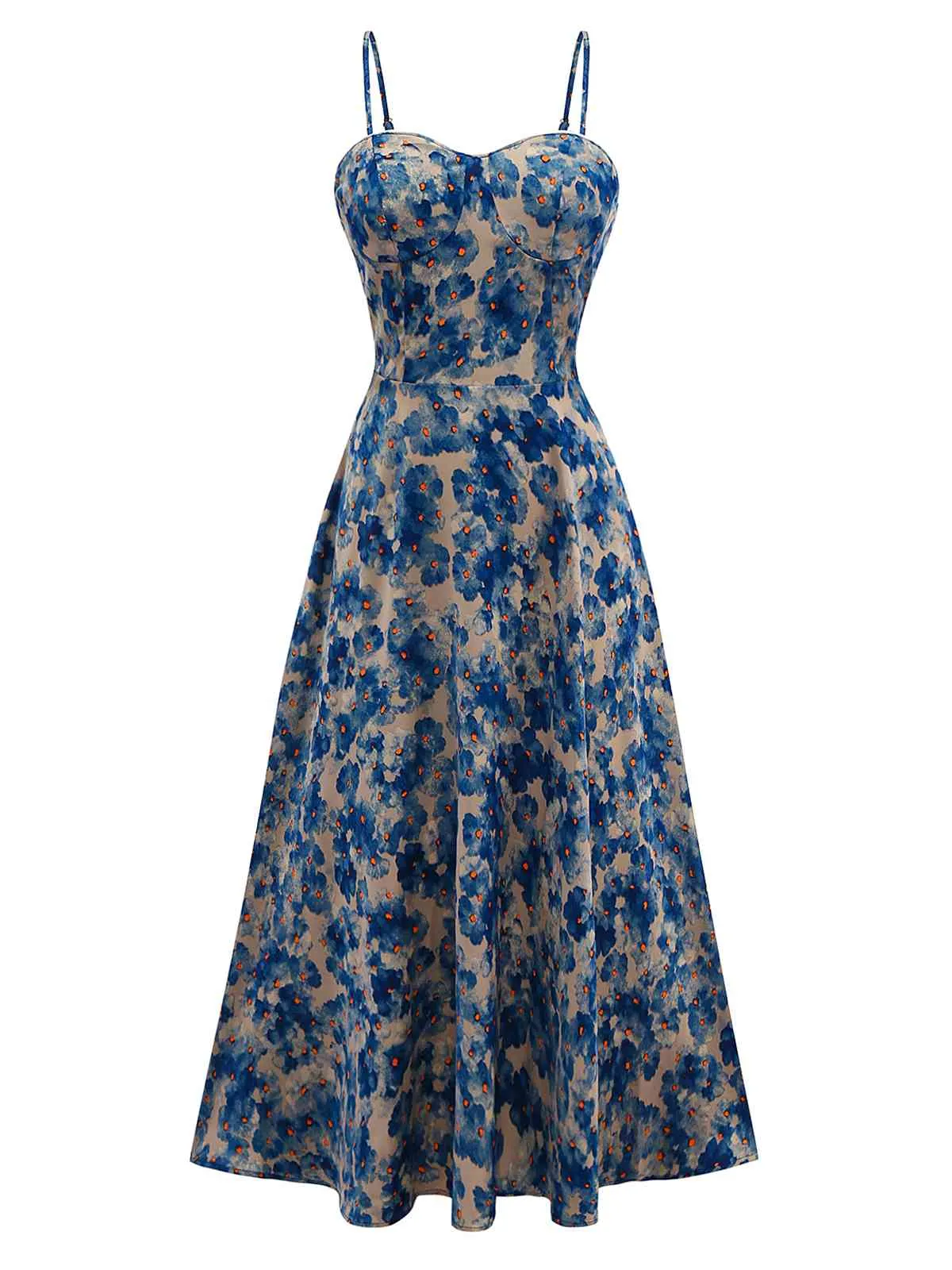 Blue 1950s Floral Print Spaghetti Strap Dress sold by Retro Stage