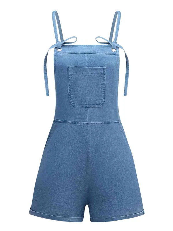 Blue 1950s Bow Tie Denim Romper sold by Retro Stage