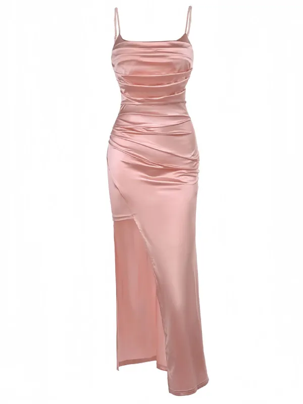 Pink 1930s Solid Satin Ruched Slit Dress sold by Retro Stage