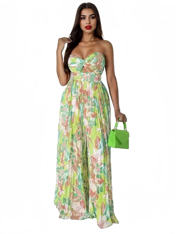 Green 1960s Floral Strapless Hollow Twist Pleated Jumpsuit sold by Retro Stage