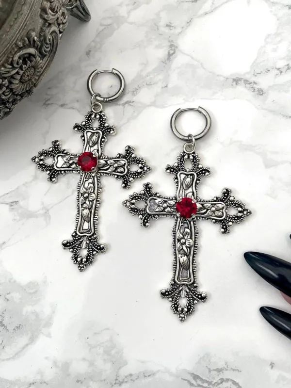 Vintage Halloween Gothic Cross 3D Flower Gemstone Earrings sold by Retro Stage