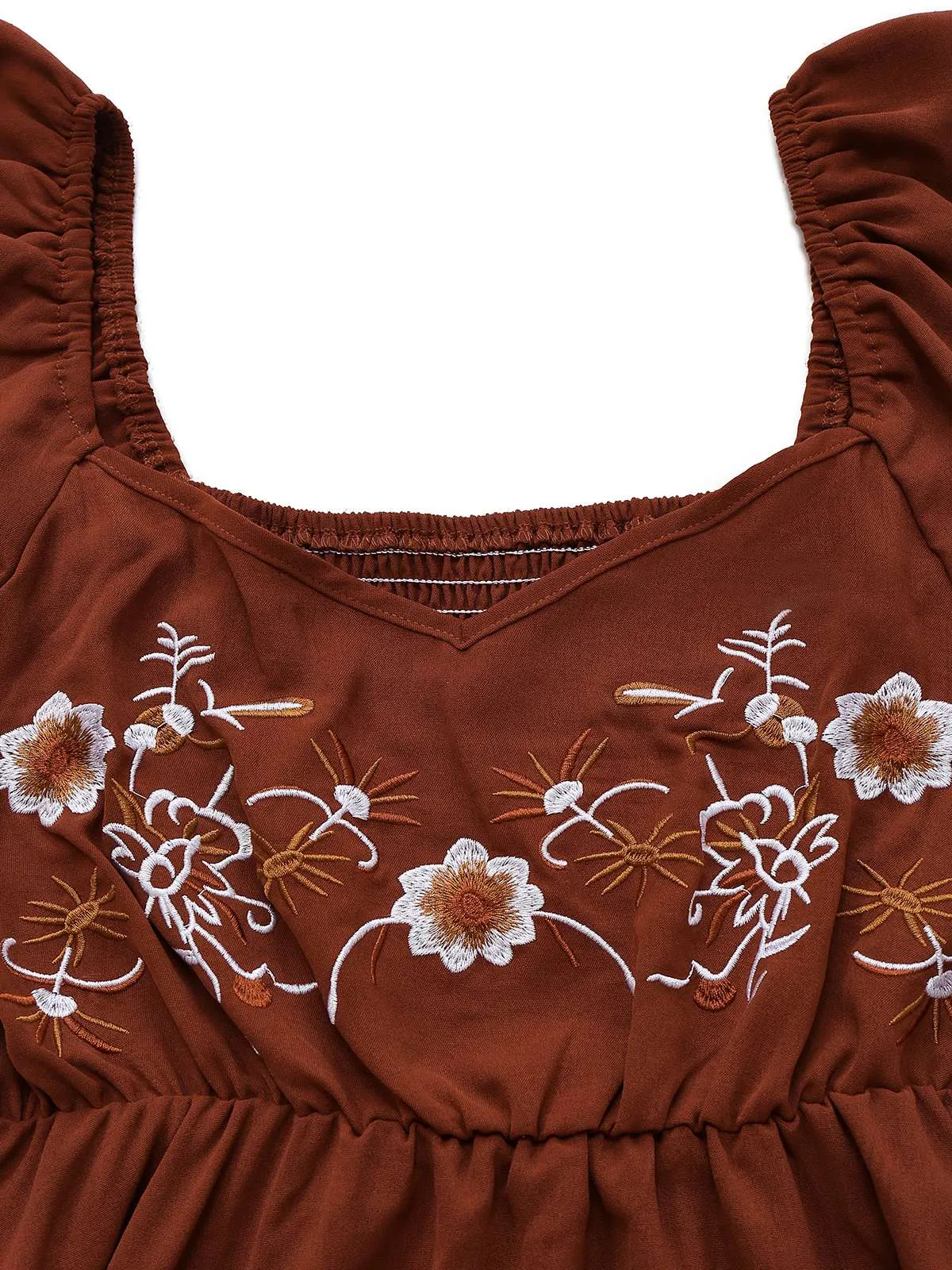 Brown 1950s Embroidered Floral Ruffled Ruched Dress sold by Retro Stage product image thumbnail 3