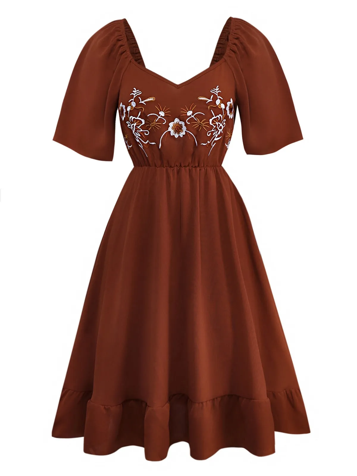 Brown 1950s Embroidered Floral Ruffled Ruched Dress sold by Retro Stage