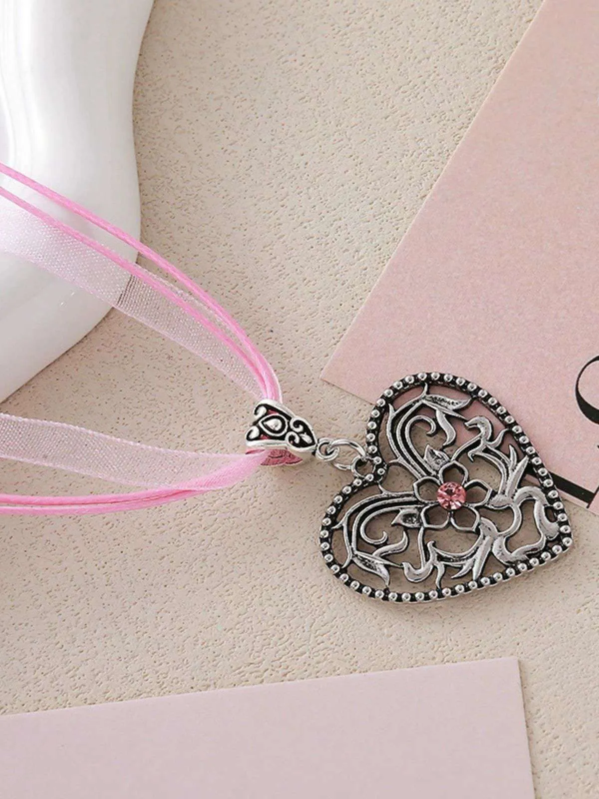 Vintage Ribbon Heart Flower Necklace sold by Retro Stage product image thumbnail 3