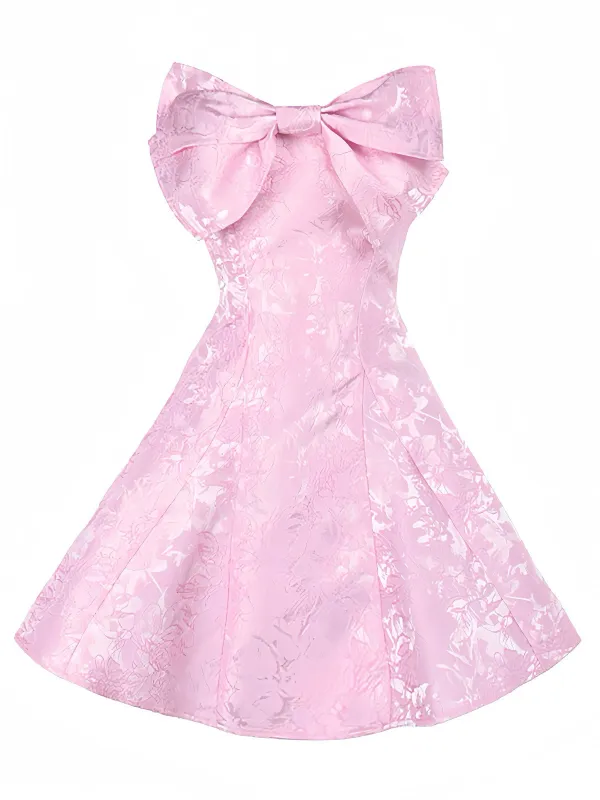 Pink 1950s Floral Lace Strapless Bow Dress sold by Retro Stage