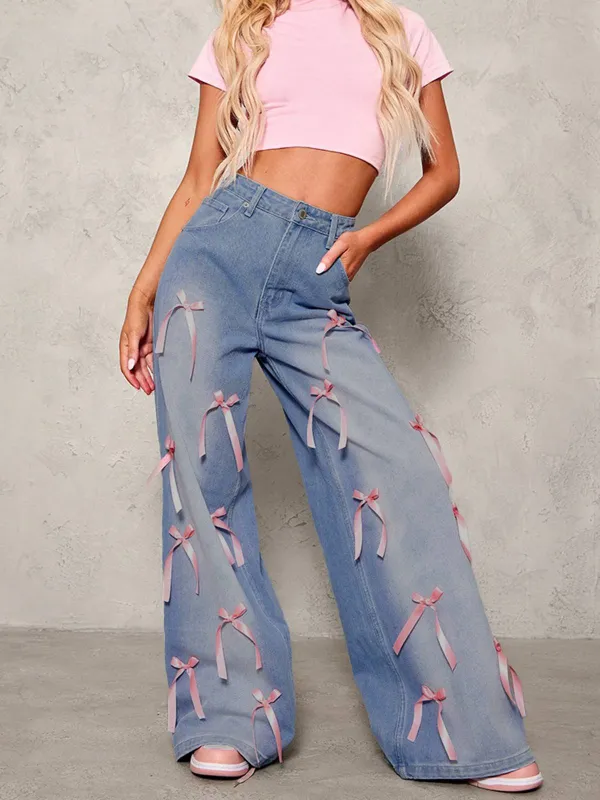 Light Blue 1950s Bow Wide Leg Jeans sold by Retro Stage