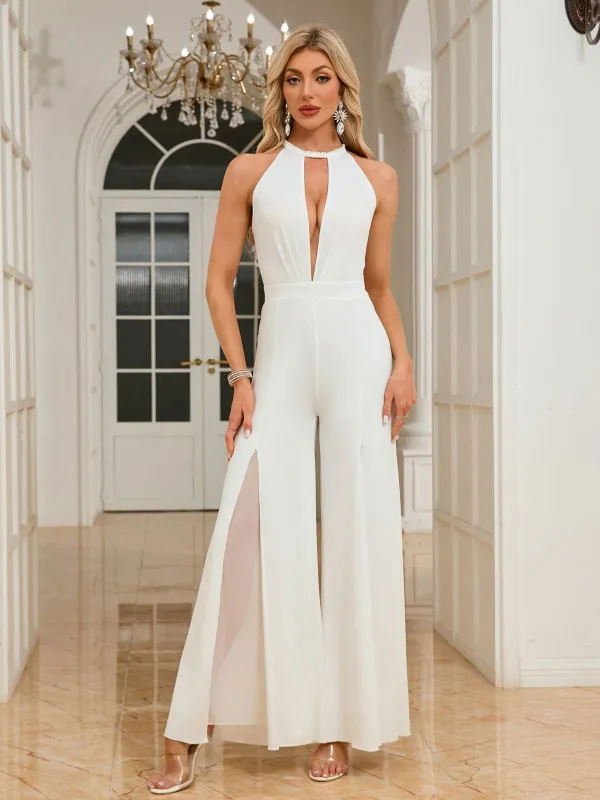 White 1930s Solid Deep V Embroidered Backless Jumpsuit sold by Retro Stage