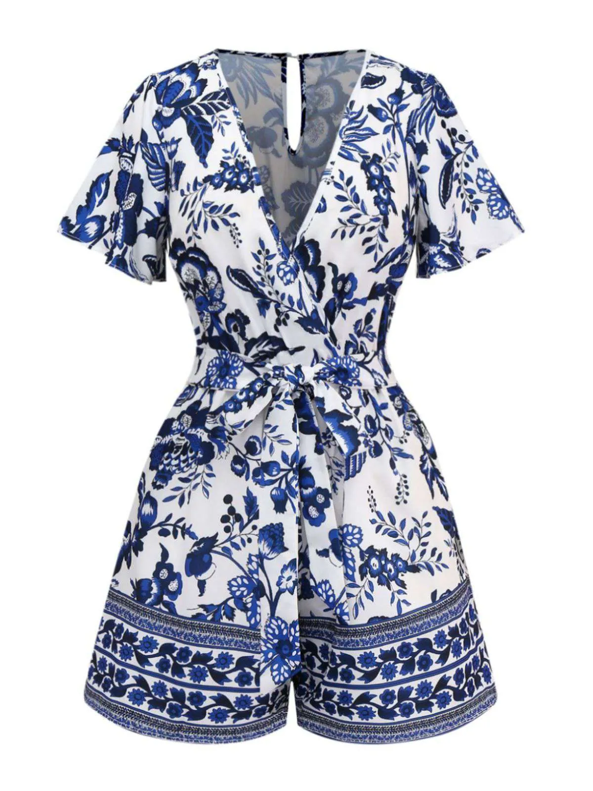 Blue 1950s Blue-White-Porcelain Floral Belted Romper sold by Retro Stage