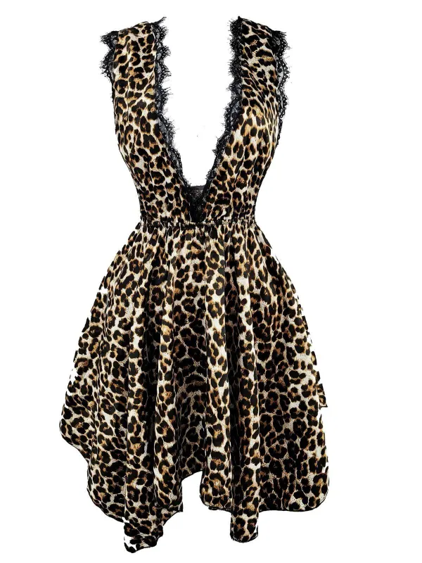 1940s Lace Trim Leopard Print Satin Deep V Nightgown sold by Retro Stage