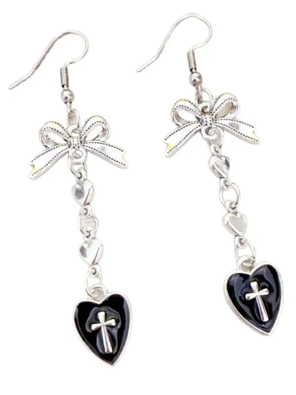 Vintage Gothic Cross Heart Bowknot Dangle Earrings sold by Retro Stage