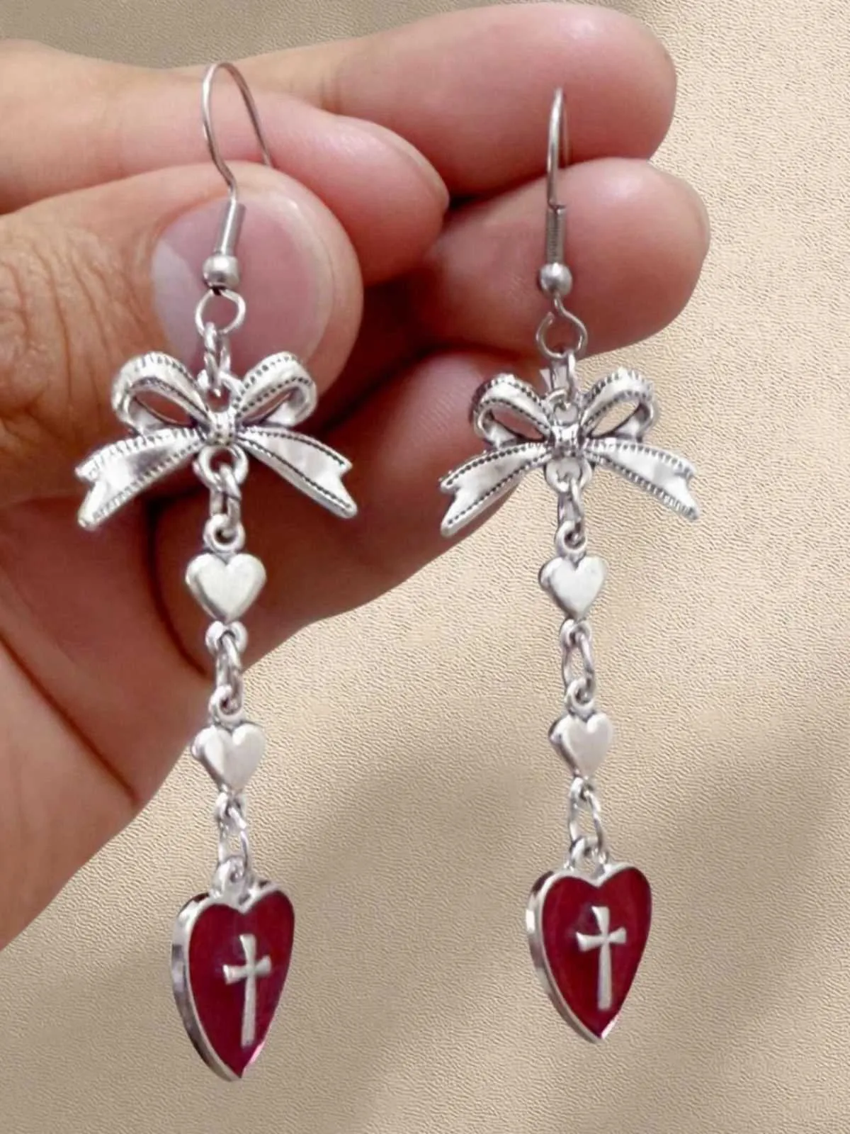 Vintage Gothic Cross Heart Bowknot Dangle Earrings sold by Retro Stage product image thumbnail 5