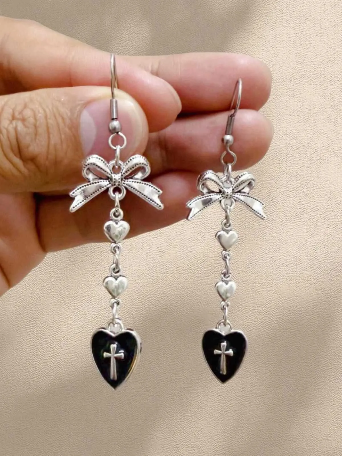 Vintage Gothic Cross Heart Bowknot Dangle Earrings sold by Retro Stage product image thumbnail 2
