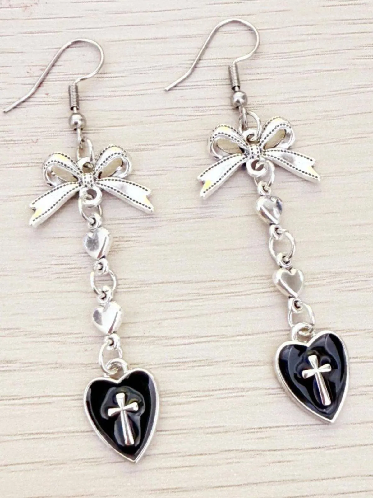 Vintage Gothic Cross Heart Bowknot Dangle Earrings sold by Retro Stage product image thumbnail 3