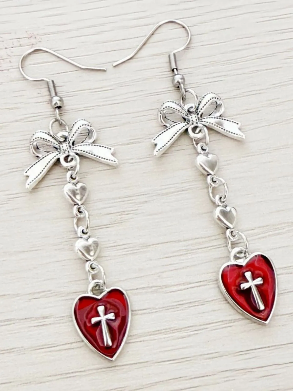 Vintage Gothic Cross Heart Bowknot Dangle Earrings sold by Retro Stage product image thumbnail 4