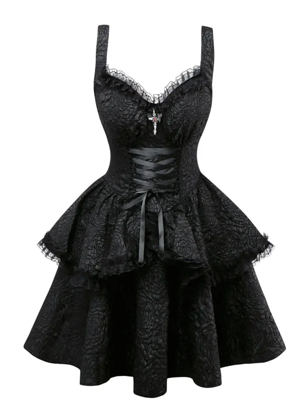 Black 1950s Gothic Lace Panel Bow Tie Lace-up Dress sold by Retro Stage